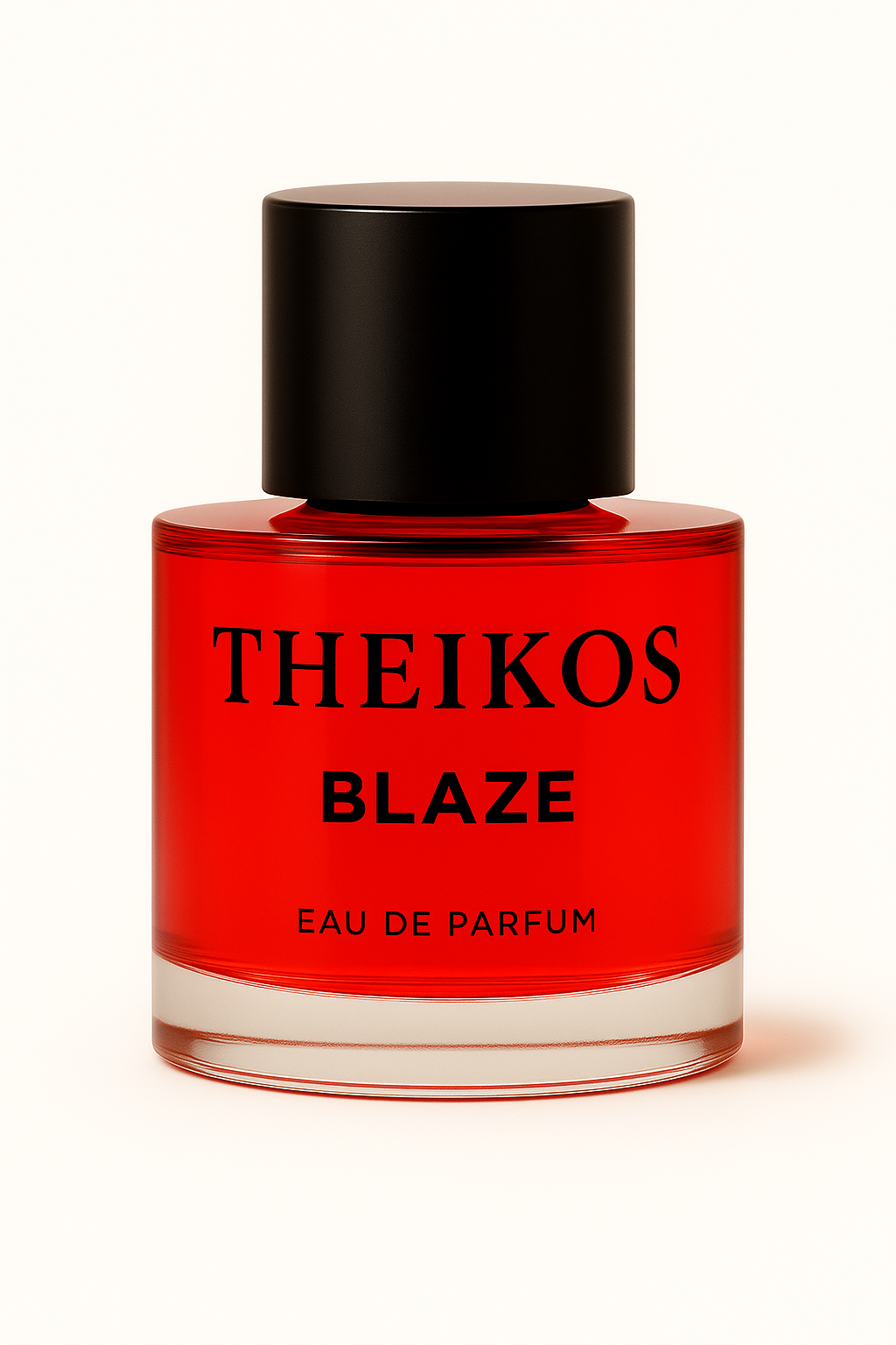 Red perfume bottle labeled 'THEIKOS Blaze' on a white background