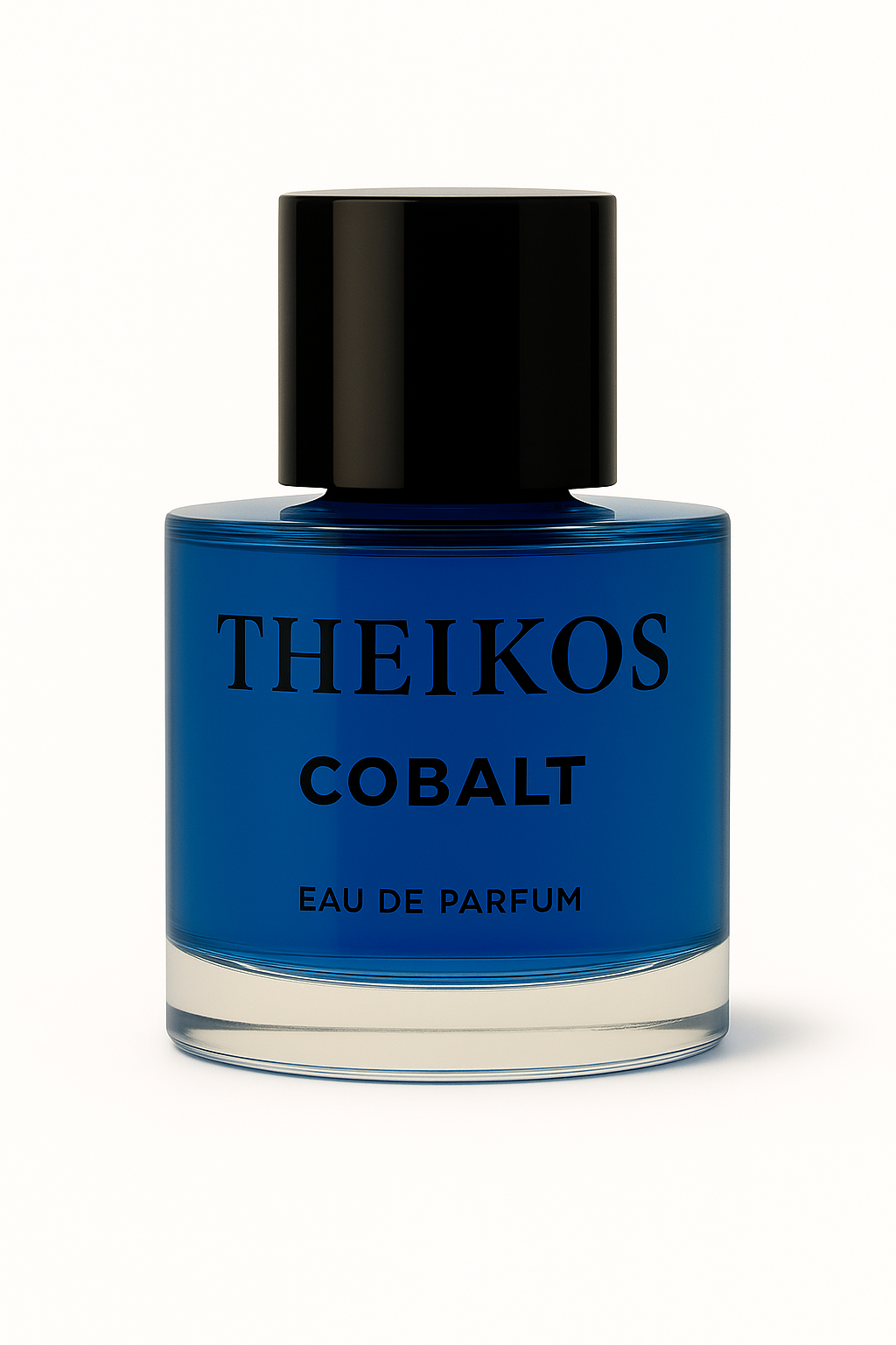 Blue perfume bottle labeled 'THEIKOS COBALT' on a white background