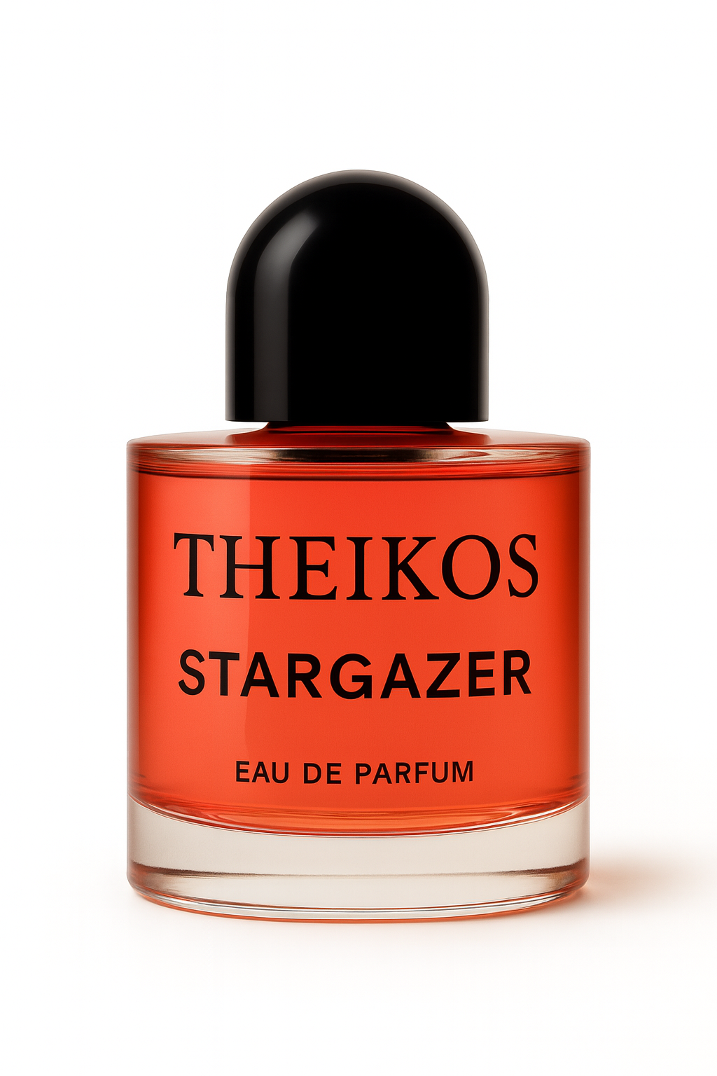 Red perfume bottle labeled 'THEIKOS STARGAZER' on a white background