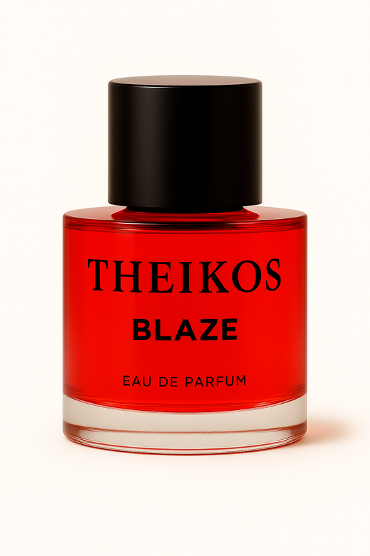 Red perfume bottle labeled 'THEIKOS Blaze' on a white background