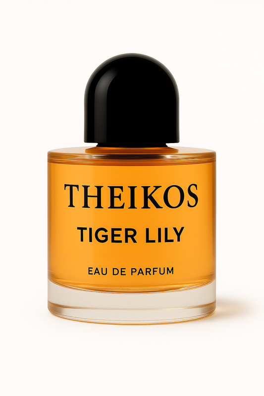 Perfume bottle labeled 'Theikos Tiger Lily' on a white background