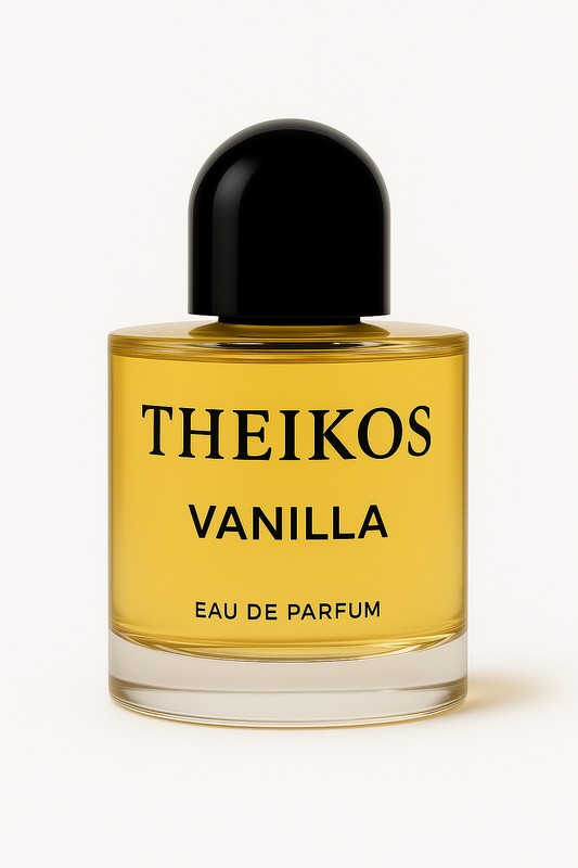 Perfume bottle labeled 'THEIKOS Vanilla' on a white background